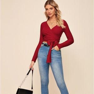 Tie Hem Wrap Rib-knit Top